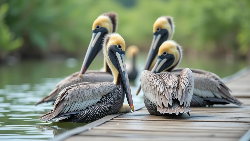 Pelícanos descansando en el agua del estuario, enfoque cercano desde las pasarelas de madera
