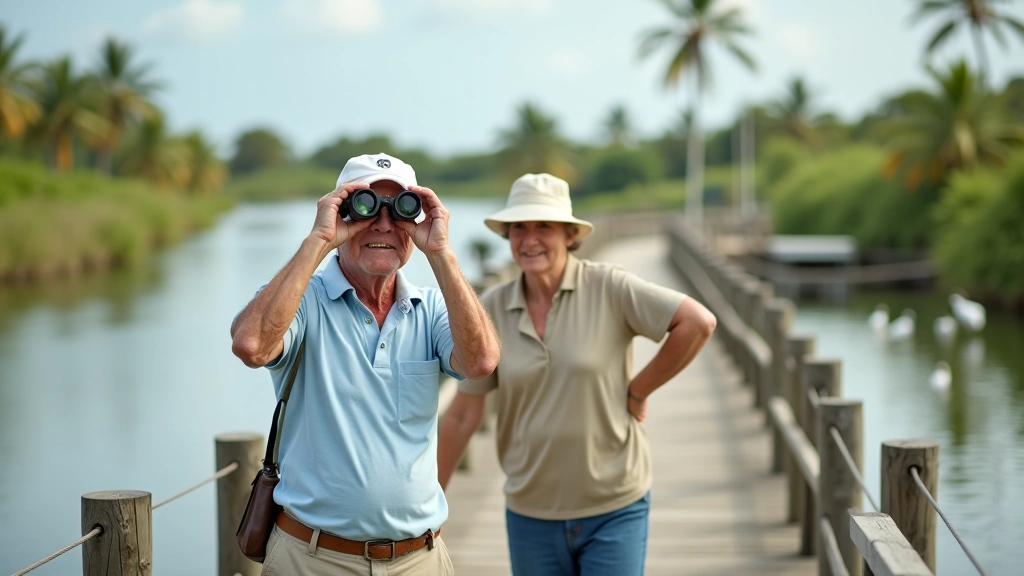 Grupo de observadores de aves usando binoculares, mirando hacia el agua del estuario
